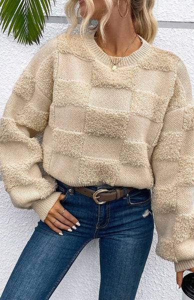 Parchment Checkered Sherpa Crew Neck Loose Sweater #5469