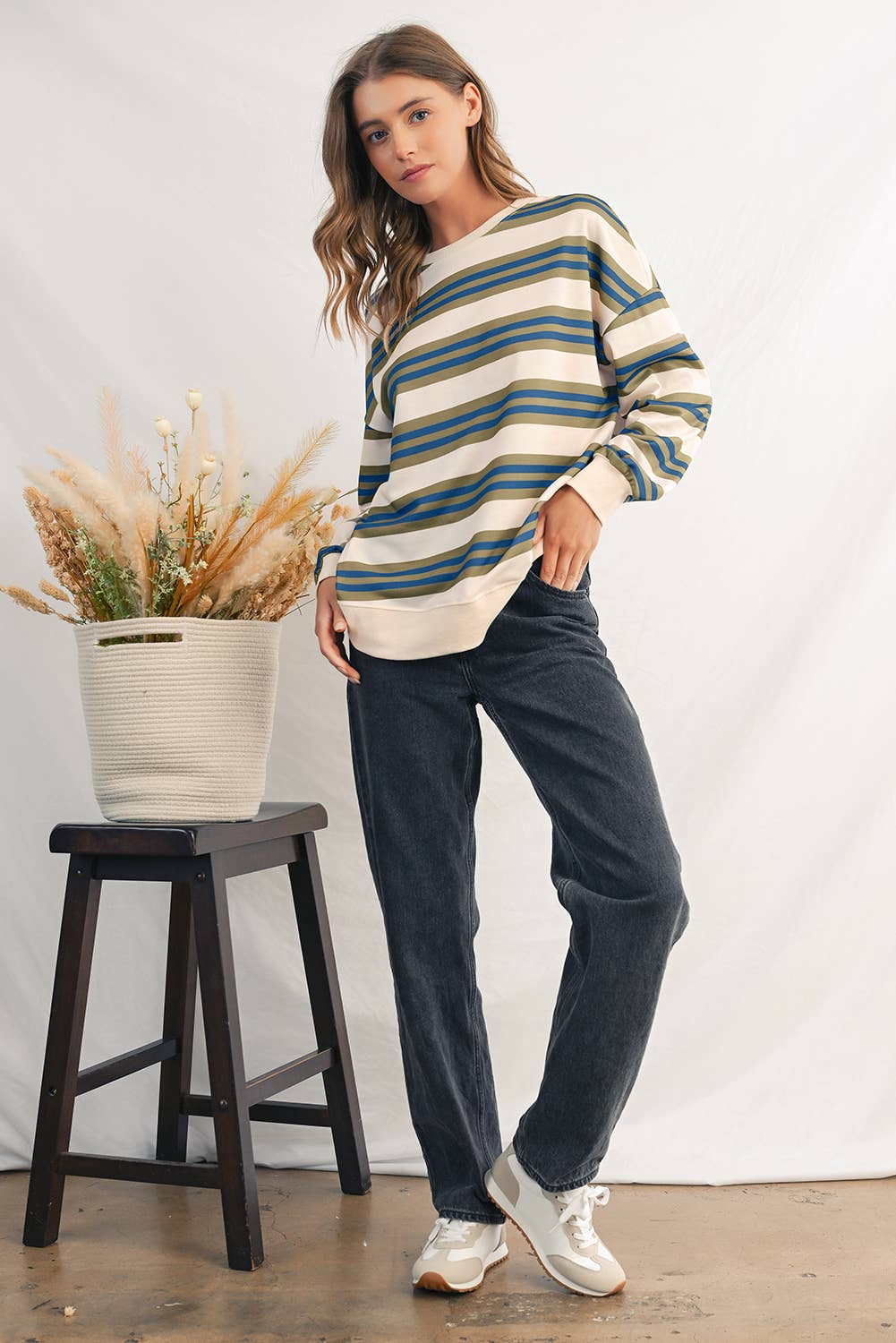Stripe Round Neck Drop
Shoulder Top #1623