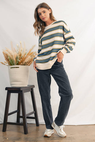 Stripe Round Neck Drop
Shoulder Top #1623