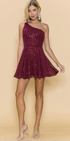 ONE SHOULDER SEQUIN MINI DRESS  COLOR WINE #21399