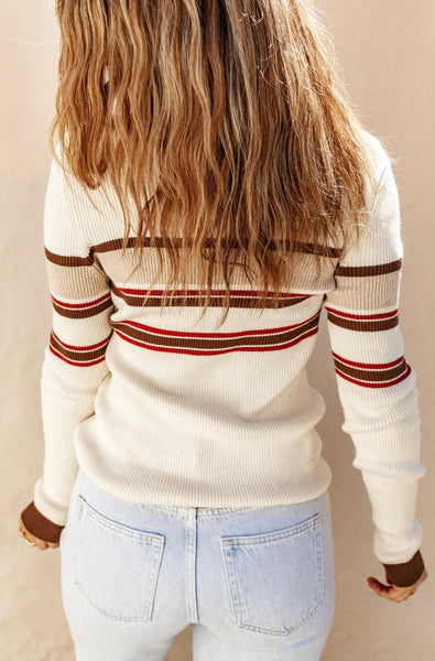 Knitted Striped Detail Henley Sweater #2722