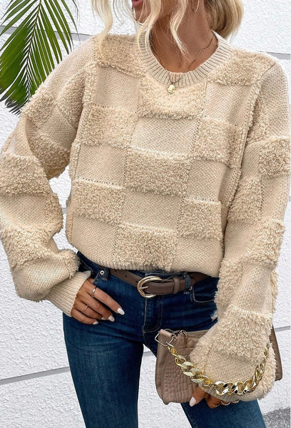 Parchment Checkered Sherpa Crew Neck Loose Sweater #5469