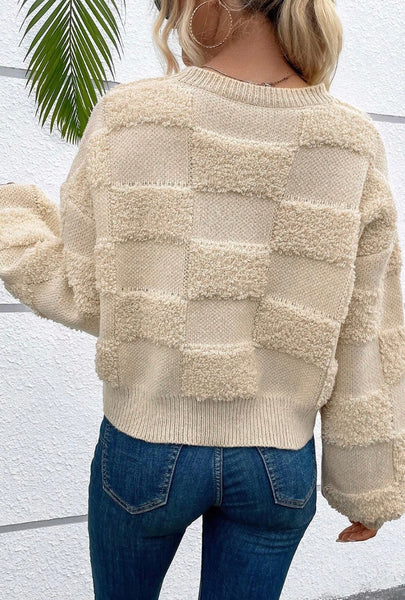 Parchment Checkered Sherpa Crew Neck Loose Sweater #5469