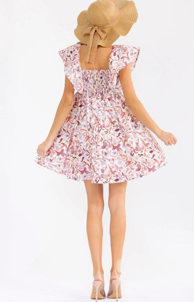 WOMEN'S RUFFLE SLEEVE V-NECK SMOCK FRONT POCKETS FLORAL MINI DRESS #0207