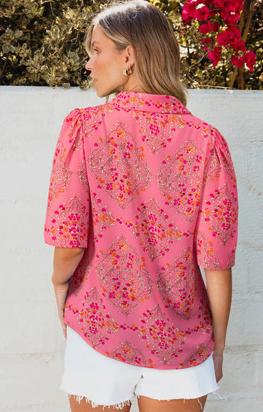 Rose Red Floral Print Wide Short Sleeve Loose Shirt #0220