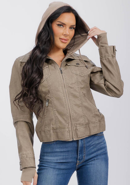 WOMEN'S LONG SLEEVE REMOVABLE HOODIE ZIPPER
CLOSURE FRONT POCKETS PU PLEATHER JACKET CAMEL #0027
