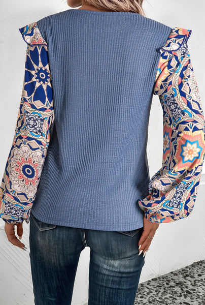 Ruffled Floral Sleeve Patchwork Waffle Knit O Neck Blouse Coffee/Ashleigh Blue #0226