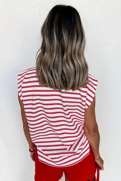 Red Stripe Textured Knit Button Detail Short Sleeve Casual Tee #0215