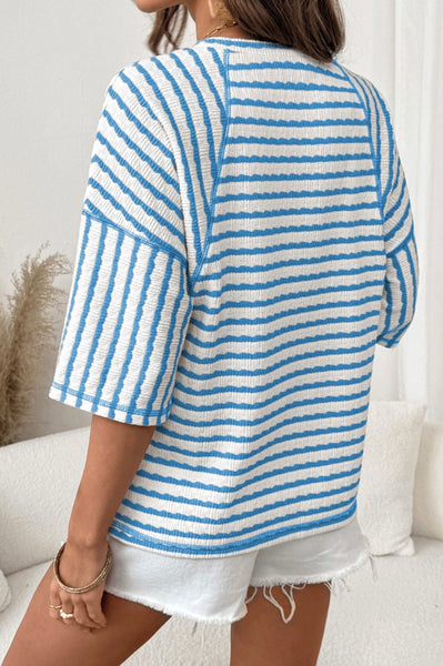Sky Blue Stripe Textured Knit Split Hem Half Sleeve Loose Top #0213