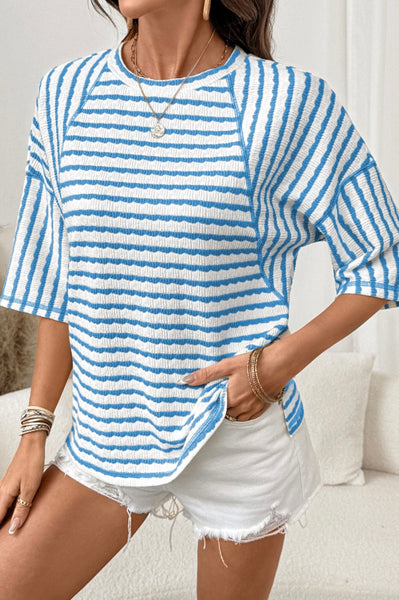 Sky Blue Stripe Textured Knit Split Hem Half Sleeve Loose Top #0213