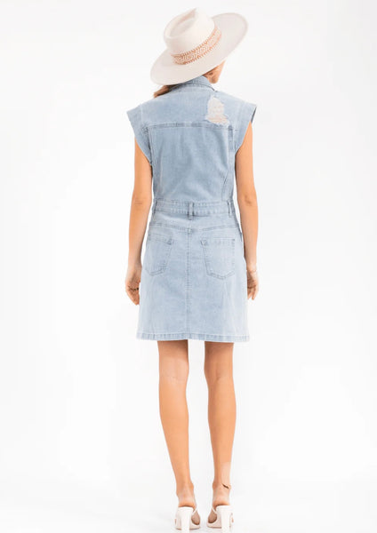 WOMEN'S SLEEVELESS BUTTON UP POCKETS WASHED DISTRESS DENIM MINI DRESS 0200