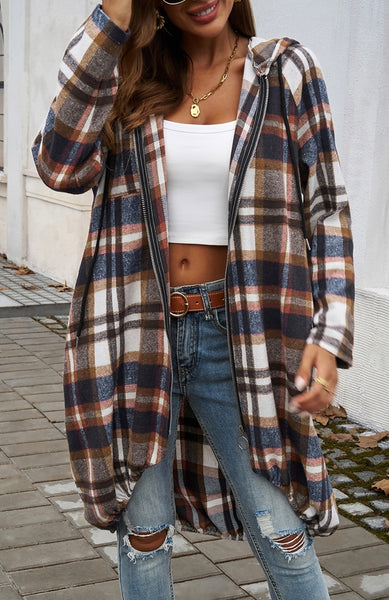 Zip Plaid Hood Long Corduroy Flannel Trench Coat #4005