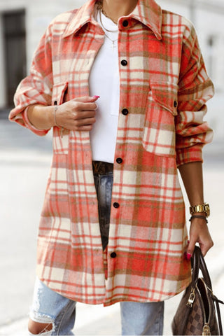 Plaid Button-Up Shacket – Coral & Cream #4330