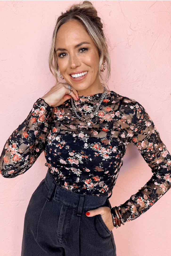Black Floral Mesh Sheer Long Sleeve Top P24