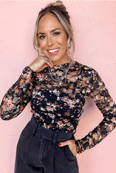 Black Floral Mesh Sheer Long Sleeve Top P24