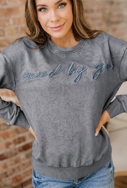 SAVED BY GRACE Letter Embroidery Mineral Wash Loose Sweatshirt #0219
