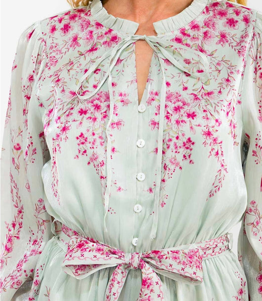 WOMEN'S LONG SLEEVE V-NECK ELASTIC WAIST SELF TIE FLORAL ROMPER 0004