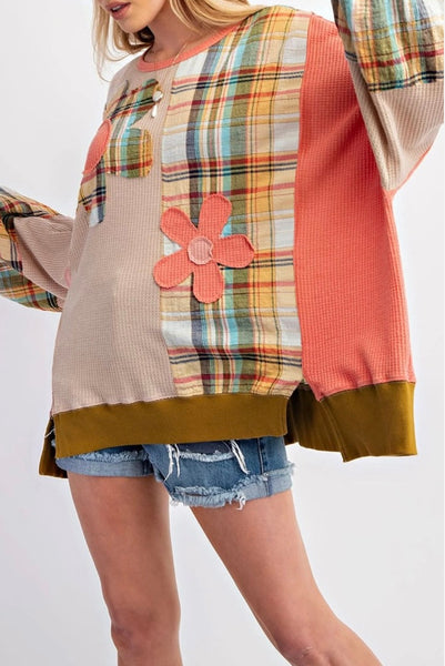 Plaid Patchwork Waffle Knit Sweatshirt #2531