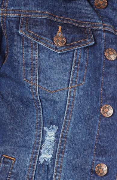 Classic Distressed Denim Jacket With Button Down Closure, Collared, And Pockets. #JA01