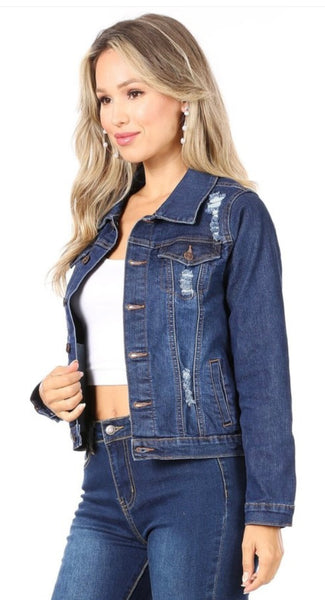 Classic Distressed Denim Jacket With Button Down Closure, Collared, And Pockets. #JA01