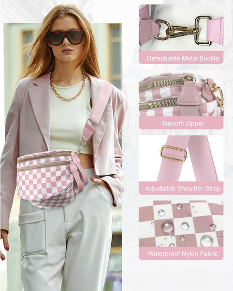 Pink Checkered Print Wide Strap Large Crossbody Bag #2004