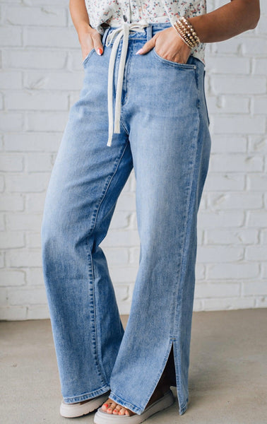 Myosotis Slit Leg High Rise Drawstring Casual Jeans #2015