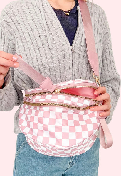 Pink Checkered Print Wide Strap Large Crossbody Bag #2004