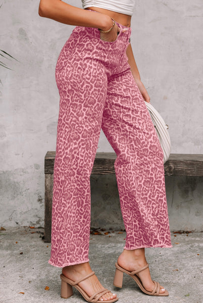 Rose Leopard Frayed Edge Wide Leg High Waist Jeans #0218