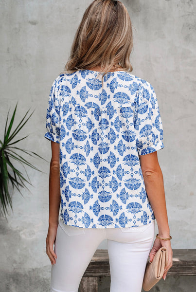 Sky Blue Geometric Print Tassel Drawstring V Neck Blouse #0221