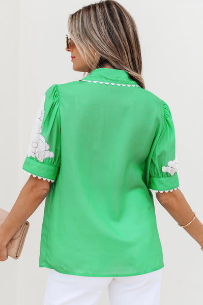 Green Floral Ric Rac Edge Puff Sleeve Button Up Summer Shirt # 0222