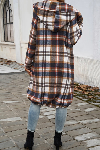 Zip Plaid Hood Long Corduroy Flannel Trench Coat #4005