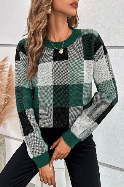 Plaid Print Round Neck Knit Loose Fit Sweater#7929