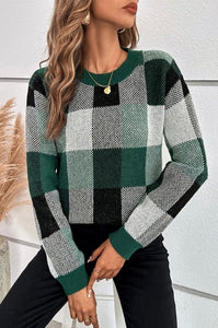 Plaid Print Round Neck Knit Loose Fit Sweater#7929
