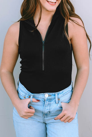 Zip Up Mock Neck Ribbed Sleeveless Bodysuit #1665