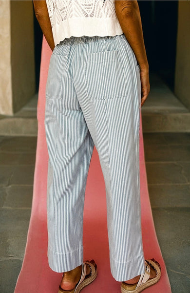 Sky Blue Stripe Mid Rise Drawstring Waist Jeans #2019