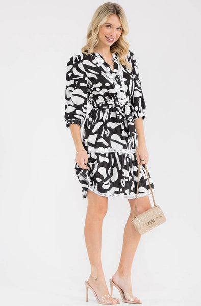 WOMEN'S 3/4 SLEEVE V-NECK SELF TIE MULTI PRINT MIDI DRESS #0185