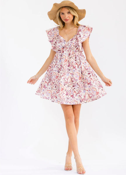 WOMEN'S RUFFLE SLEEVE V-NECK SMOCK FRONT POCKETS FLORAL MINI DRESS #0207