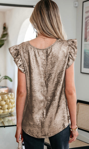 Gold Metallic Round Neck Ruffle Trim Sleeveless Top #0216. Silvery Metallic Round Neck Ruffle Trim Sleeveless Top #0216