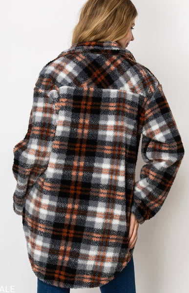 PLAID BUTTON DOWN SHERPA FUR SHACKET #2021
