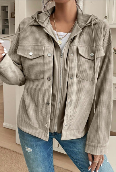 Solid Contrast Textured Patchwork Flap Pocket Shacket #0011