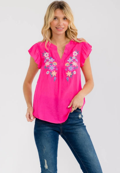 WOMEN'S SHORT SLEEVE V-NECK EMBROIDERY FLORAL BLOUSE 0009