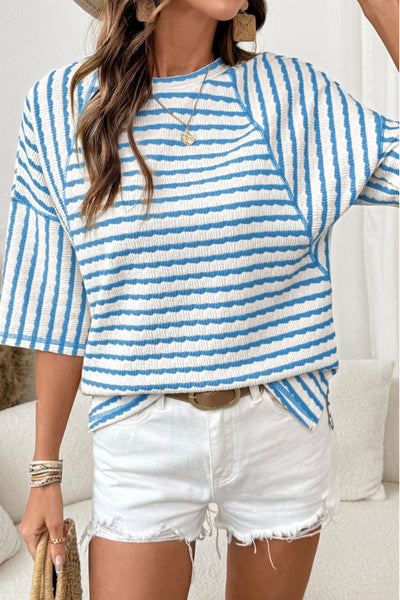 Sky Blue Stripe Textured Knit Split Hem Half Sleeve Loose Top #0213