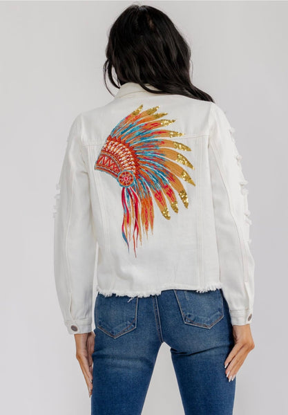 WOMEN'S LONG SLEEVE DISTRESS BUTTON CLOSURE BACK EMBROIDERY DENIM JACKET #0205
