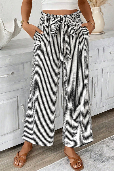 Black Stripe Tied High Waist Loose Straight Casual Pants #2011
