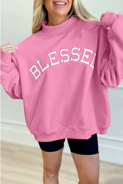 Sea Green or Pink Oversize Blessed Embroidered Mock Neck Sweatshirt #2012