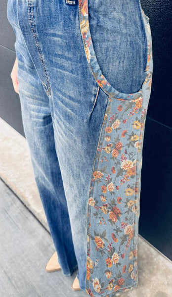 Peacock Blue Floral Patchwork Bib Denim Wide Leg Overalls #0217