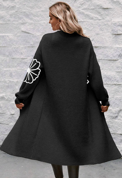 Black Flower Embroidered Drop Shoulder Open Front Duster Cardigan #0227