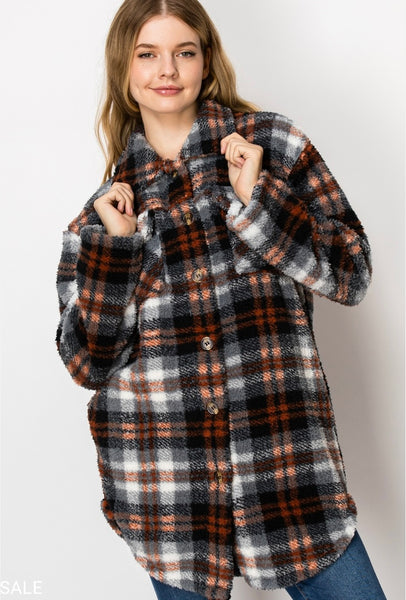 PLAID BUTTON DOWN SHERPA FUR SHACKET #2021