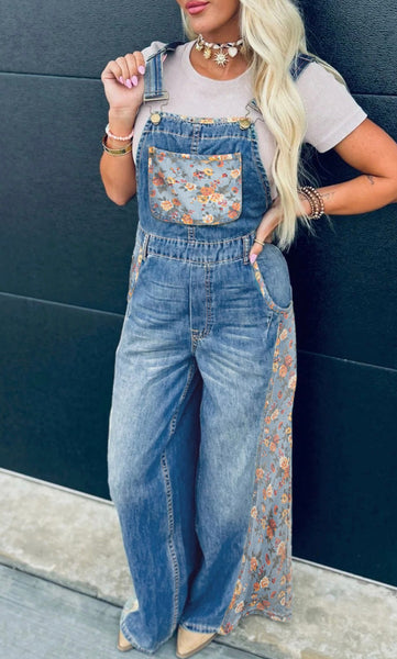 Peacock Blue Floral Patchwork Bib Denim Wide Leg Overalls #0217