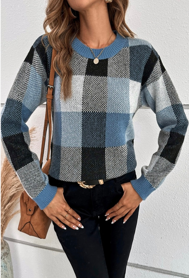 Plaid Print Round Neck Knit Loose Fit Sweater #7928